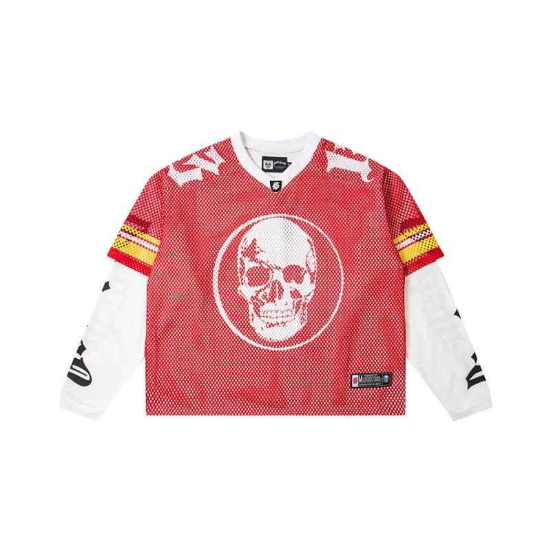 "Godspeed" Layered Mesh Skull Long Sleeve Jersey (Red/White/Yellow)