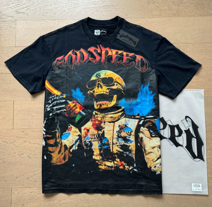 Godspeed Motorcycle Biker Racing Skull in Flames Graphic Tee Cotton Acid Washed Shirt