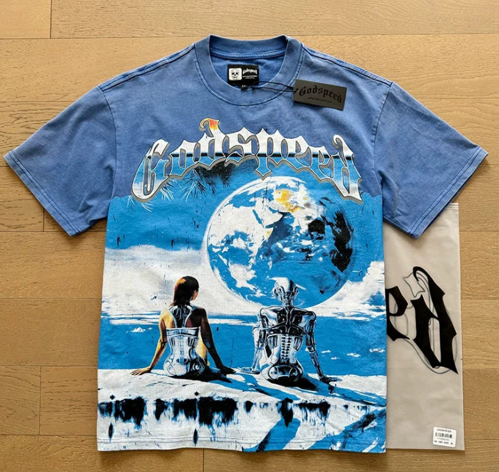 Godspeed Blue Earth Cyborg Robot Graphic Tee Cotton Acid Washed Shirt