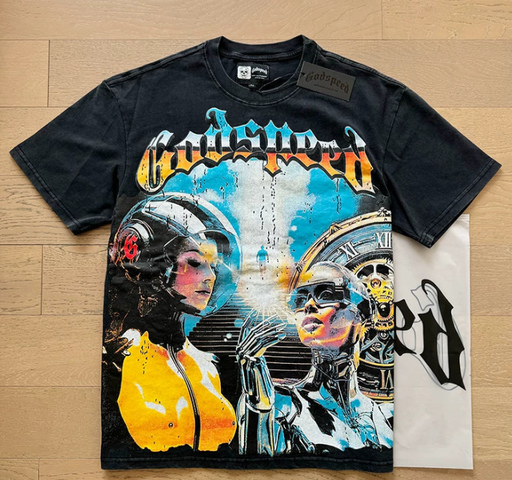 Godspeed Cyborg Robot Skull Graphic Tee Cotton Acid Washed Shirt